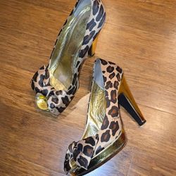 2025 Style Trend =Peep Toe= Coach Peep Toe Leopard Print Satin Heels Size 7