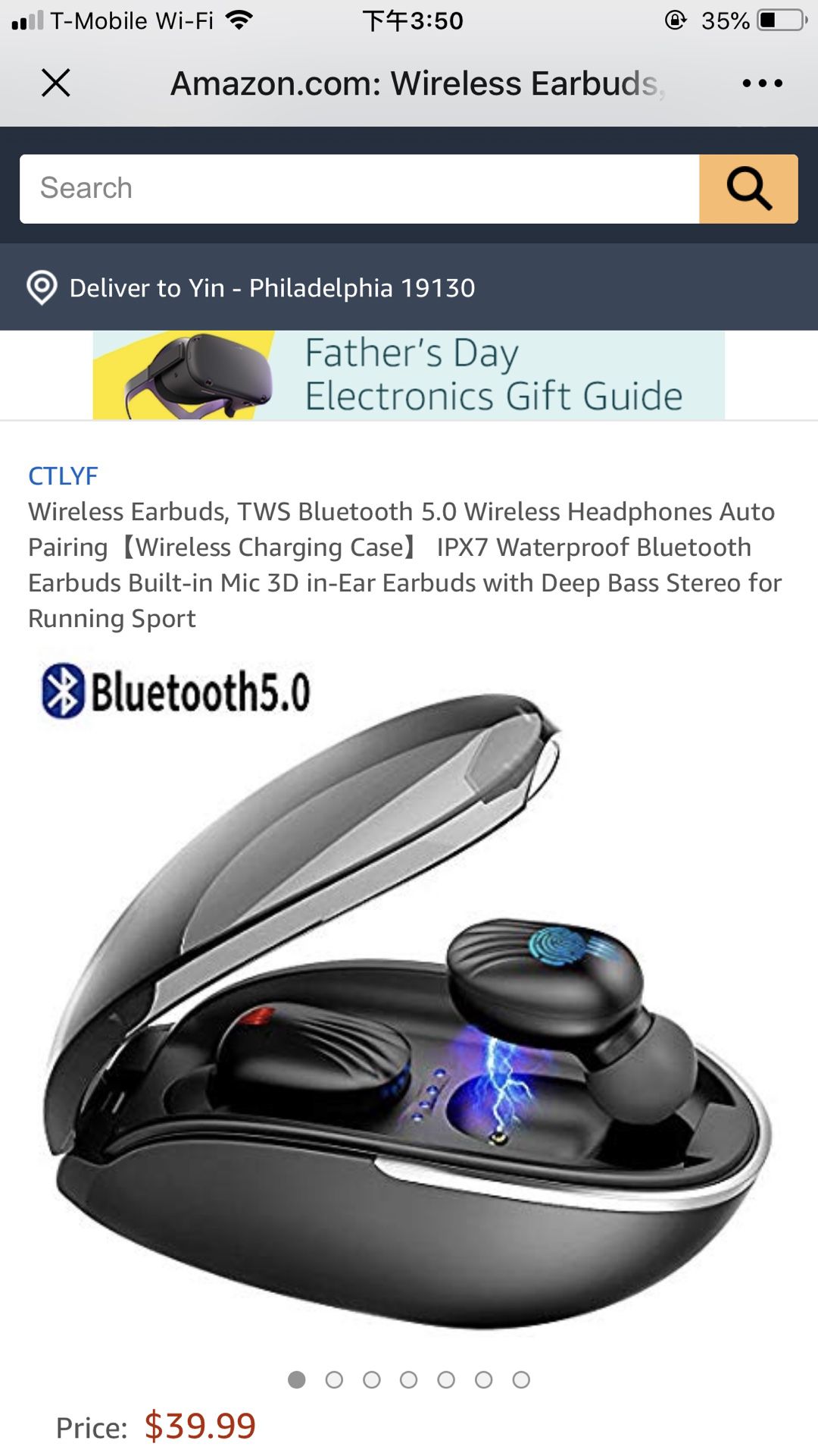 Wireless Earbuds, TWS Bluetooth 5.0 Wireless Headphones Auto Pairing【Wireless Charging Case】 IPX7 Waterproof Bluetooth Earbuds Built-in Mic 3D in-Ear