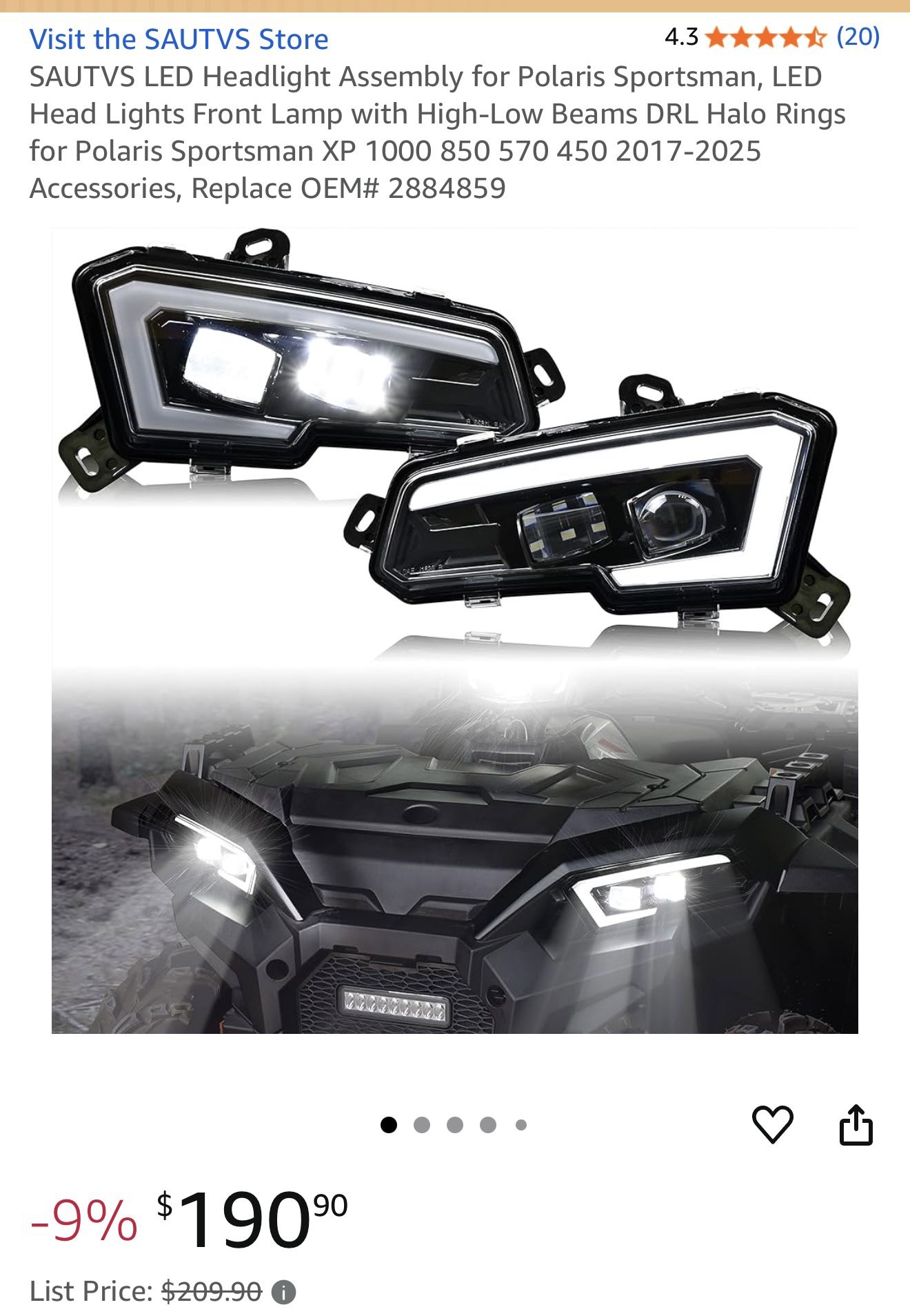 SAUTVS LED Headlight Assembly for Polaris Sportsman, LED Head Lights Front Lamp with High-Low Beams DRL Halo Rings for Pol