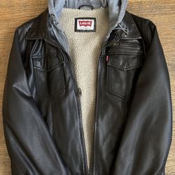 Levi Men’s Hooded Faux leather Jacket 