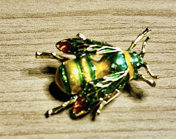 Vintage bug brooch , gold, and green