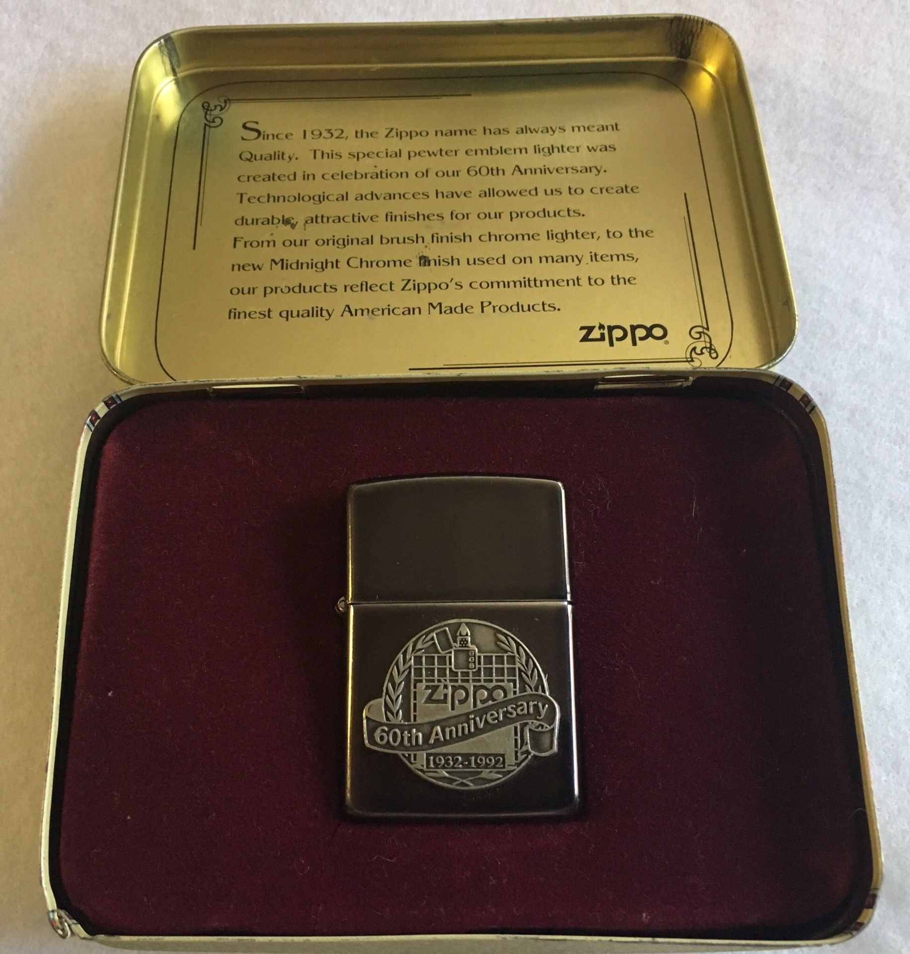 Zippo Lighter 60th Anniversary 1932-1992 with Case for Sale in San