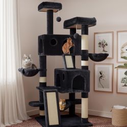 65in Larger Cat Tree Tower Condo for Indoor Cats, Multi-Level Furniture Activity Center with Wide Base/Cozy Plush Cat Perches/Baskets/Sisal