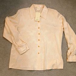 Escada Couture Silk Blouse Cream Jacquard Floral Gold Buttons NWT 90s M