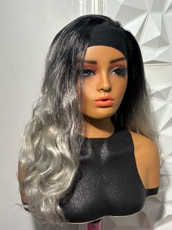 18 Inch Super Soft Bounce Headband Wig Black Silver Gray Ombre Wavy Heat Safe Hair Blend