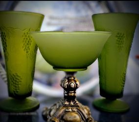 Green Satin Frosted Glass Goblets And 2 Indiana Glass Co. Satin Glass Harvest Grape Vase