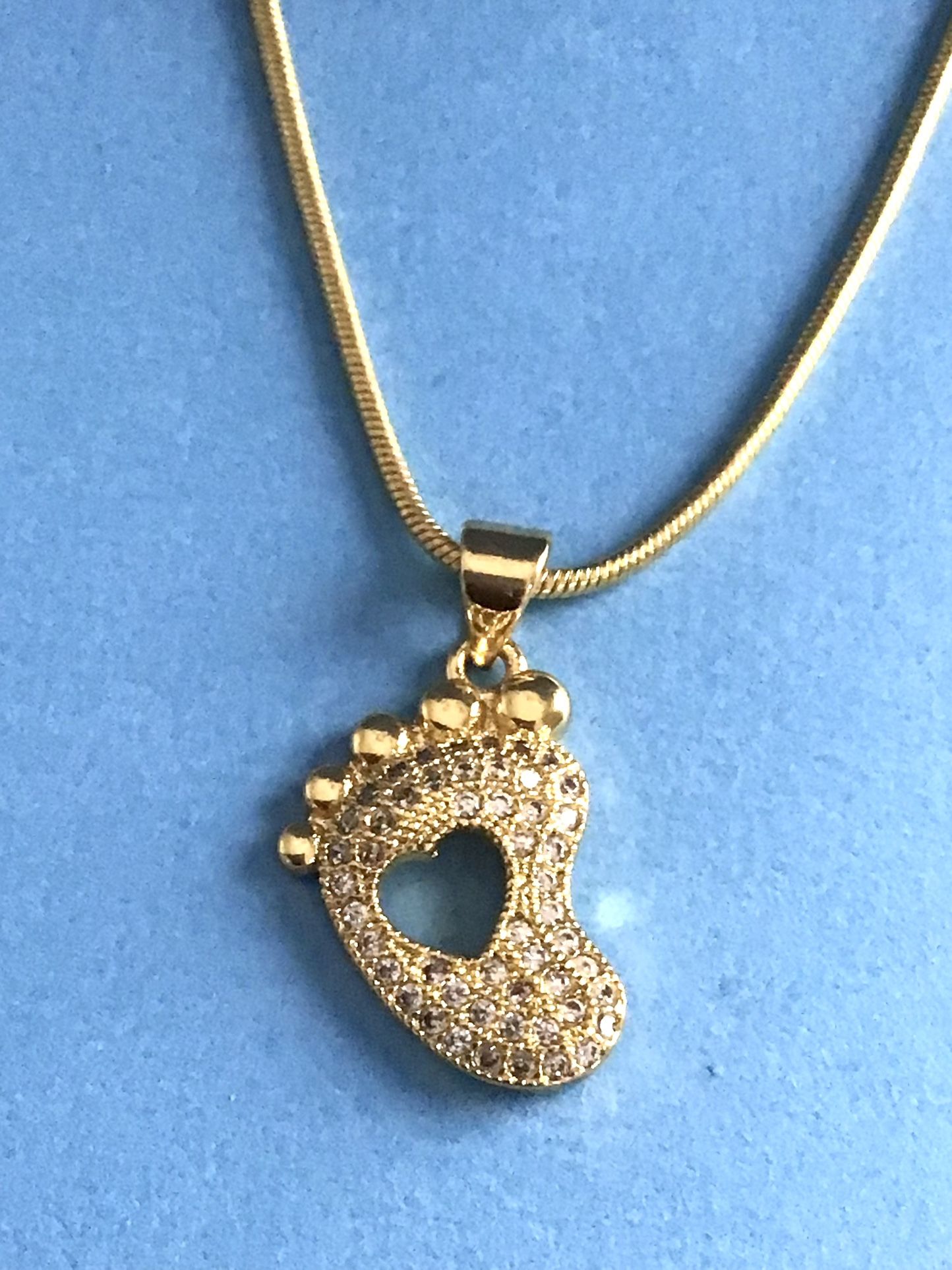 Ladies Crystal Necklace Baby Foot 3/4” Pendant On Snake Chain Gold Plated *Ship Nationwide Or Pickup Boca Raton