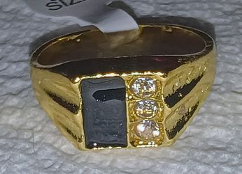 Sz11  18k Gold Plated Rectangular Black Onyx inlay CZ Stone Three Accent Stones Ring