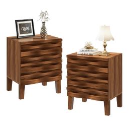 Solid Wood Nightstand Set of 2, 19.7" W Boho Nightstand with 2 Drawers, Fluted Wood Night Stand, Mid Century Modern Bed Side Table for Bedroom,Living 