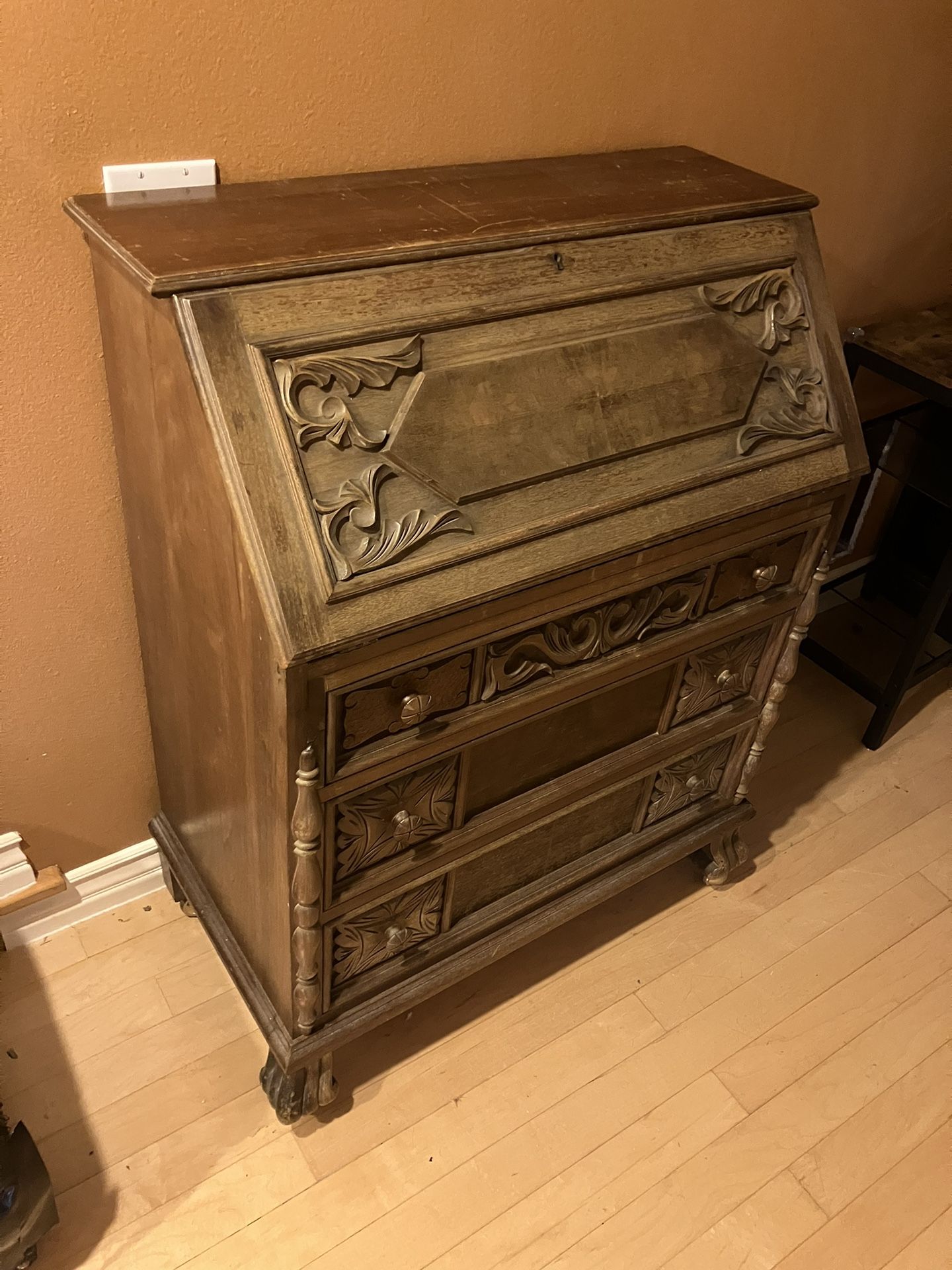 Antique, 1920, Writing Desk, Drawers, Fold Out