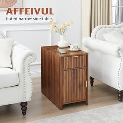 Narrow End Table with Charging Station, Farmhouse Side Table with Drawer Storage