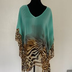 Umgee Leopard & Teal Poncho Top