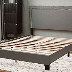 Furinno Laval Double Row Nail Head Upholstered Platform Bed, Gray, King