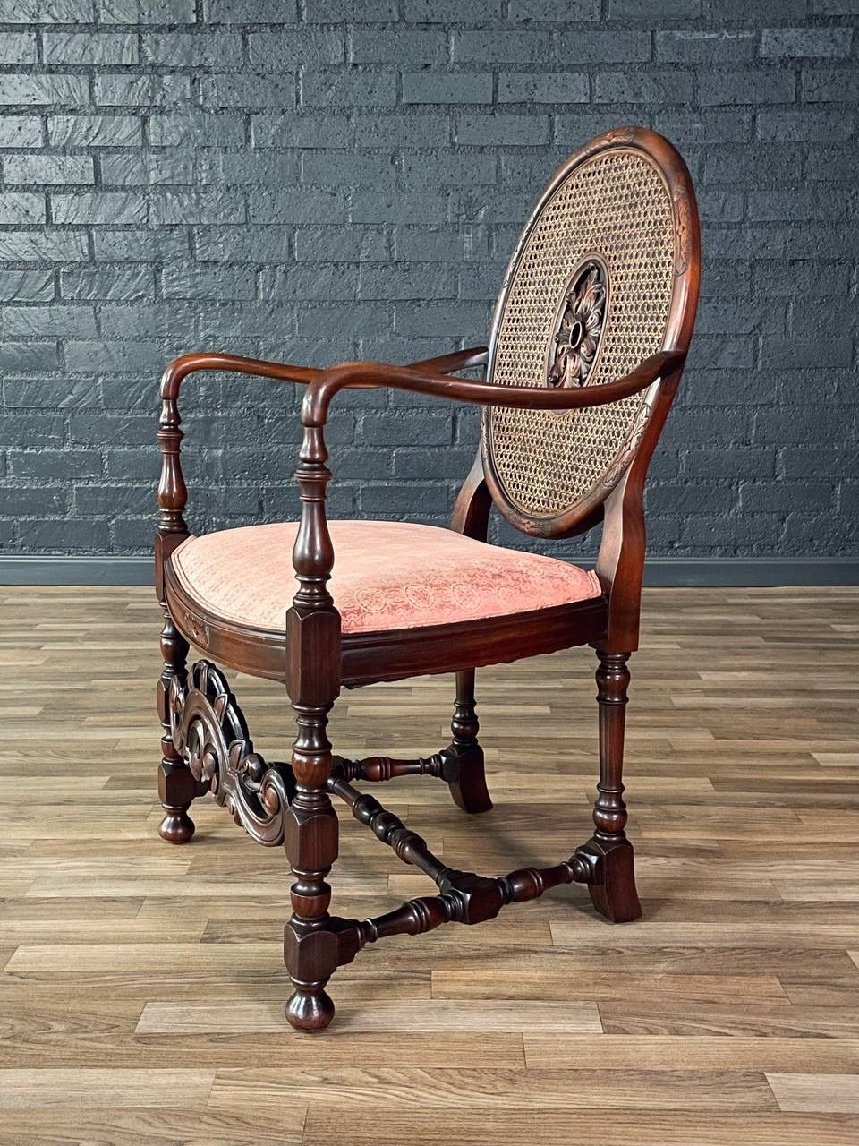 Victorian Renaissance Revival Carved Mahogany Armchair w/ Caned Oval Back, c.1950’s- Delivery Availabe