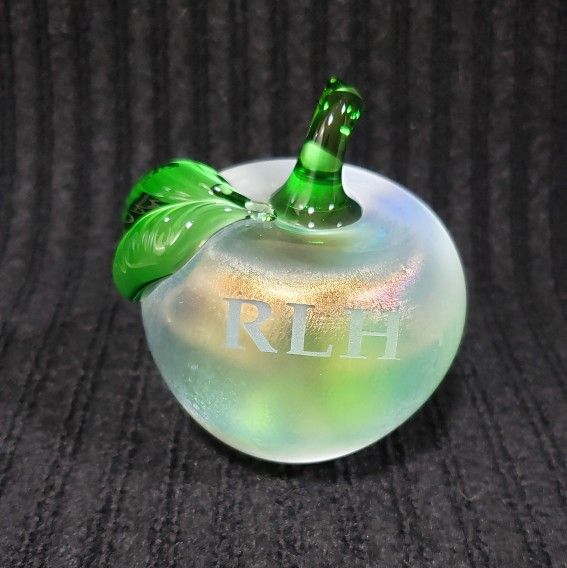 Frosted Art Glass Iridescent Apple Paperweight with green steam and leaf