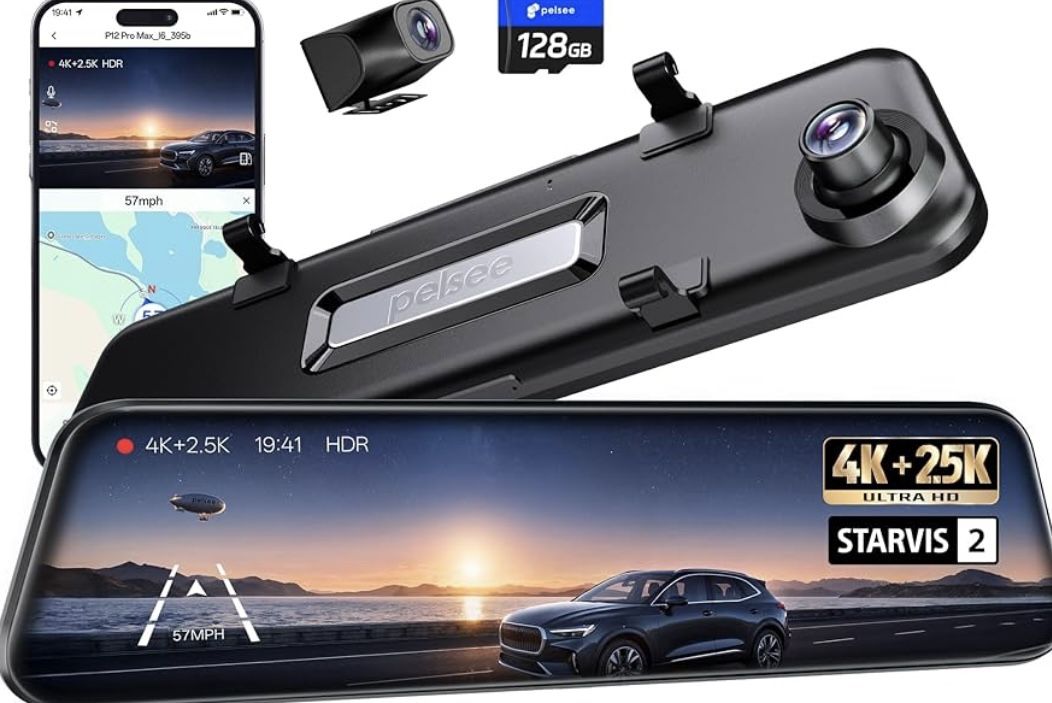 4K+2.5K Mirror Dash Cam with Front Starvis 2 IMX678 & Rear IMX335, 12" Rear View Mirror Camera, Color Night Vision, 5.8GHz WiFi, ADAS & BSD, Included