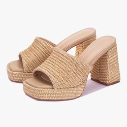 Monrovia Raffia Heeled Sandals for Women，Platform Wedge Slip On Block Heel, Dressy Summer Open Toe Chunky High Heel Vacation Beach Slides Sandals