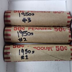 3 rolls of 1950s wheat pennies