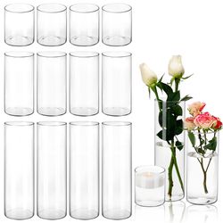 CUCUMI 15pcs Glass Cylinder Vase Hurricane Candle Holder Clear 3 Different Sizes Tall Clear Vases for Wedding Centerpieces Glass Flower Vase for Home 