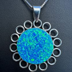 .925 solid sterling silver large fire blue opal flat Pendant charm