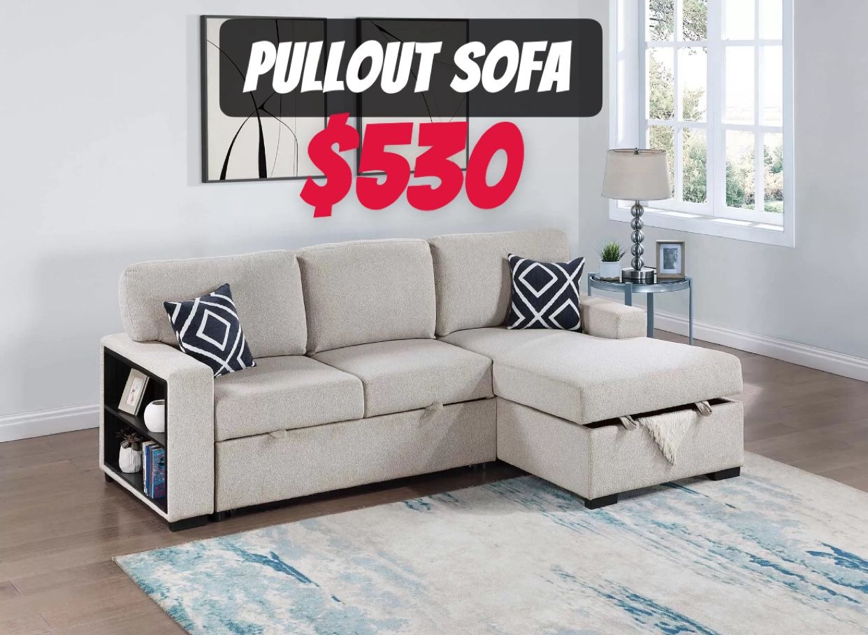 3-Piece Reversible Sectional Set W/ Ottoman Reversible Chaise + Sofa W/ Built-In Shelf + Storage Ottoman