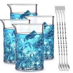 Set of 4 Cocktail Mixing Glass Set w/ 4 Stainless Steel Mixing Spoon