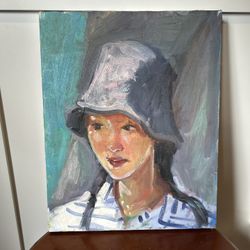 Unframed Oil Painting of Woman with Bucket Hat