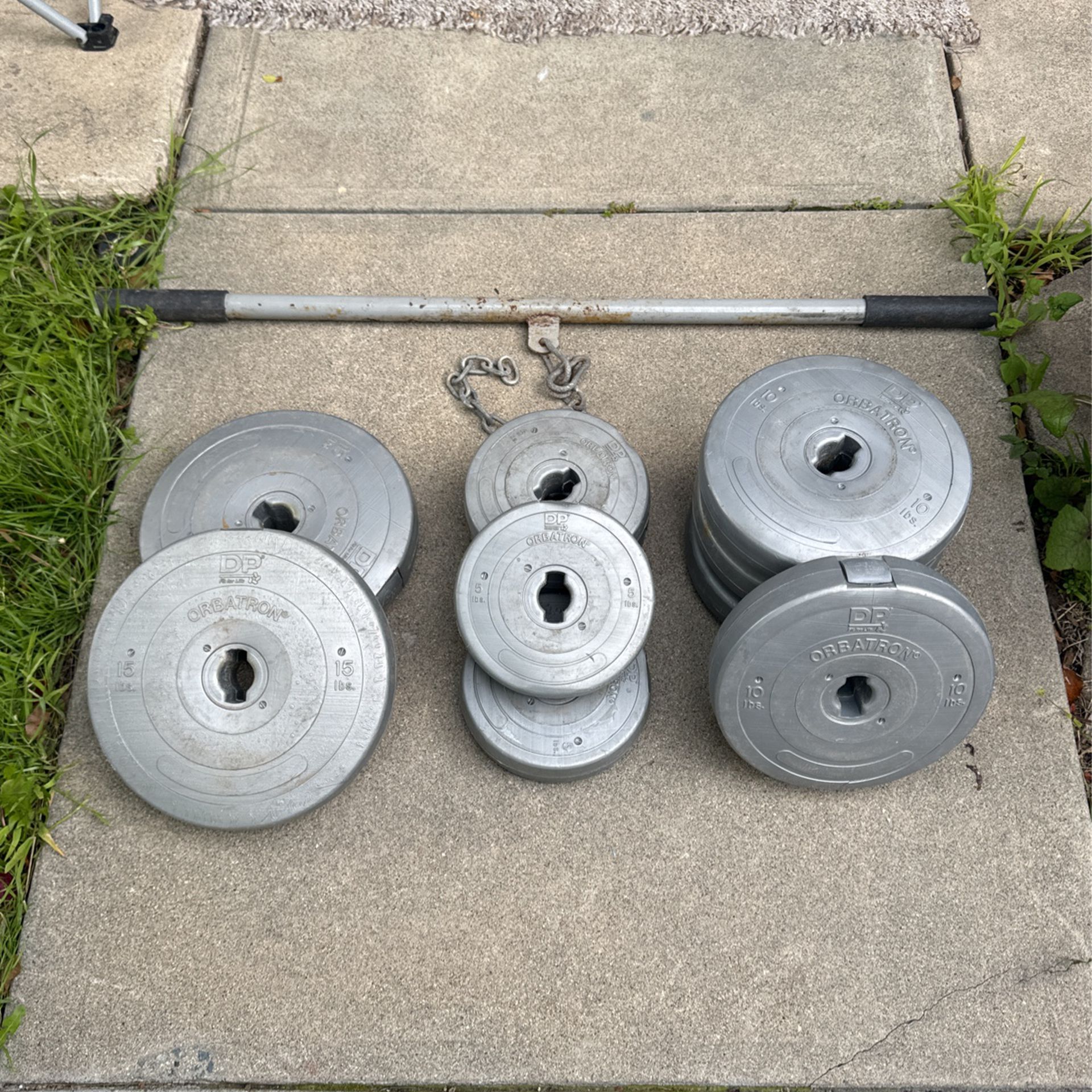 **Orbitron** Assorted Dumbbell Or Bar Weighs (90 LBS) & Tension Bar W/Chain And Clips 