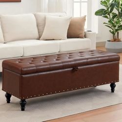 Faux Leather Brown Storage Bench – 51” Tufted Ottoman w/ Large Compartment