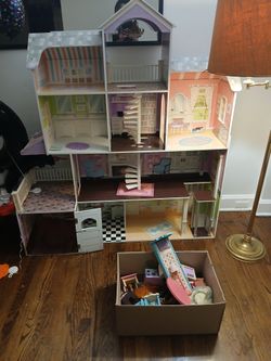 Used Doll House With Box Of Toys 