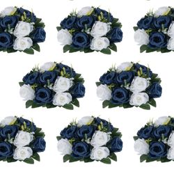 NUPTIO Artificial Flower Centrepieces For Tables - 8 Pcs Navy Blue & White Fake Flowers Roses Balls 9.5in Diameter - Silk Faux Rose Arrangement For We