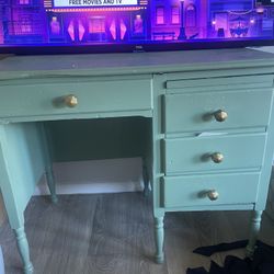Teal Vintage Desk With Brass Knobs 