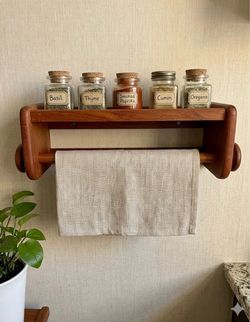 Vintage MCM 1970’s Teak Wood Spice Shelf w/Towel Holder Danish Design