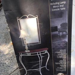 New Table, Mirror And Lamp Set. In Unopened Box 