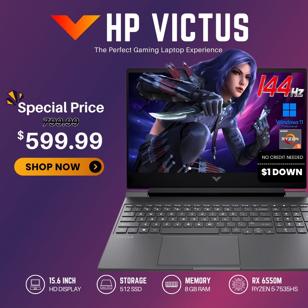 🎮 HP Victus Gaming Laptop – $599 or $1 Down! Save $200 + 1-Year Warranty 🔥