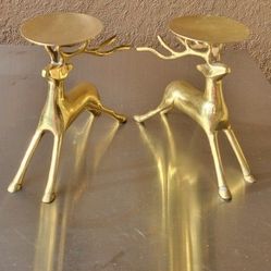 Vtg Reindeer Pillar Candleholder Brass Set Of 2 Size 7.5"X6.75"(each) India