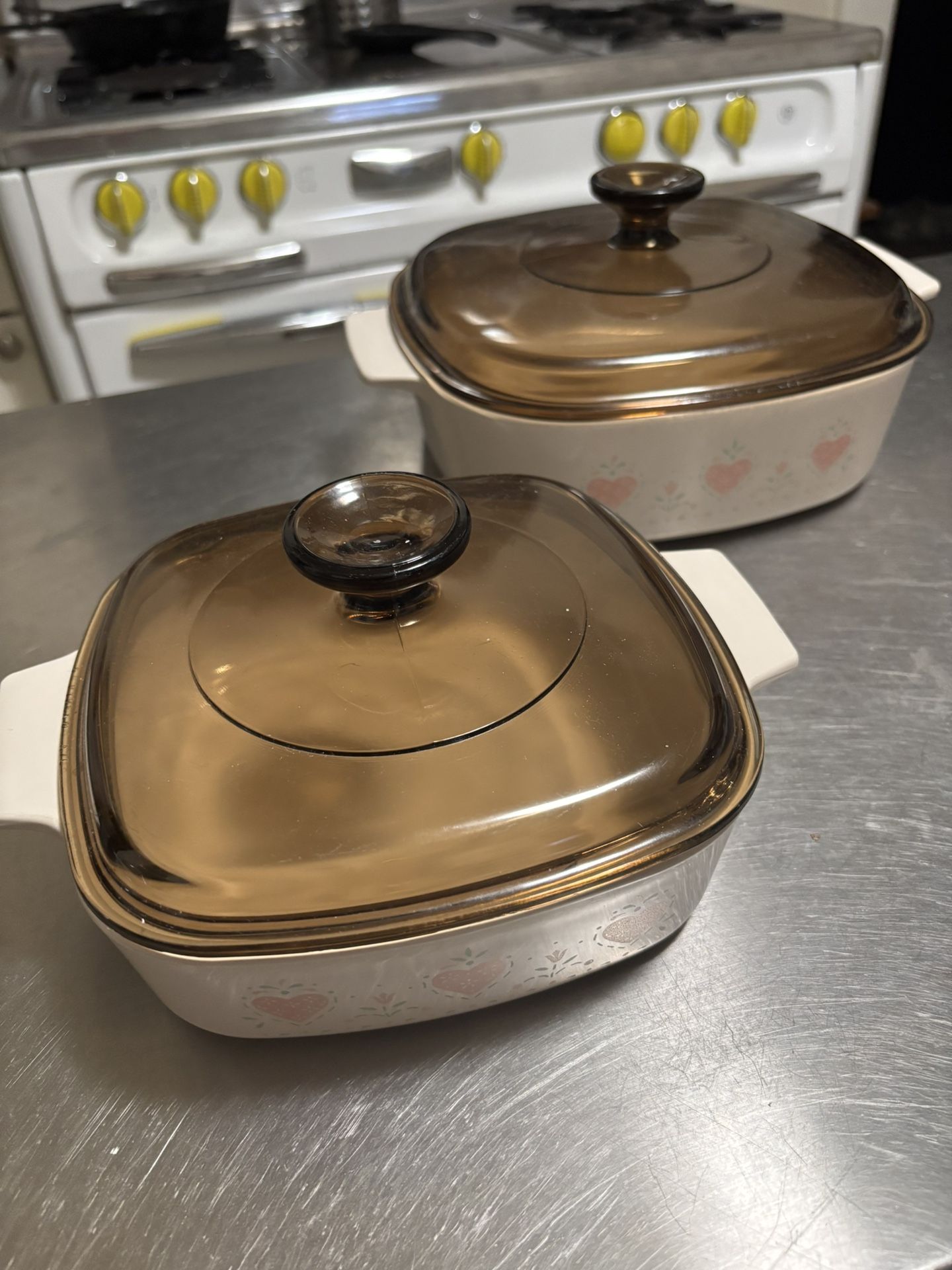 Vintage Corning Ware “Strawberry Hearts” Set (2 different sizes) w/ Original Amber Lids