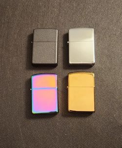 Color Lighters, Rainbow+Chrome+Matte Black+Gold Lot Of 4, Windproof