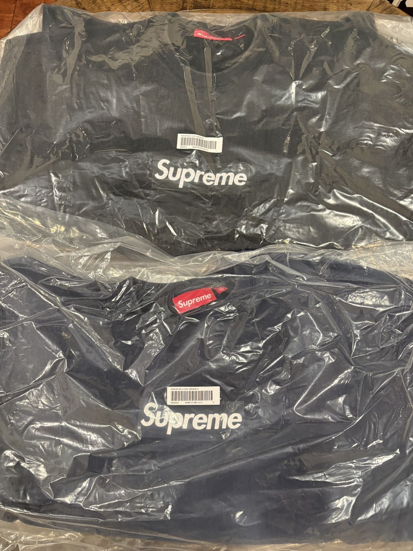 Supreme SS 25 Washed Box Logo Crewneck Navy M & Black L