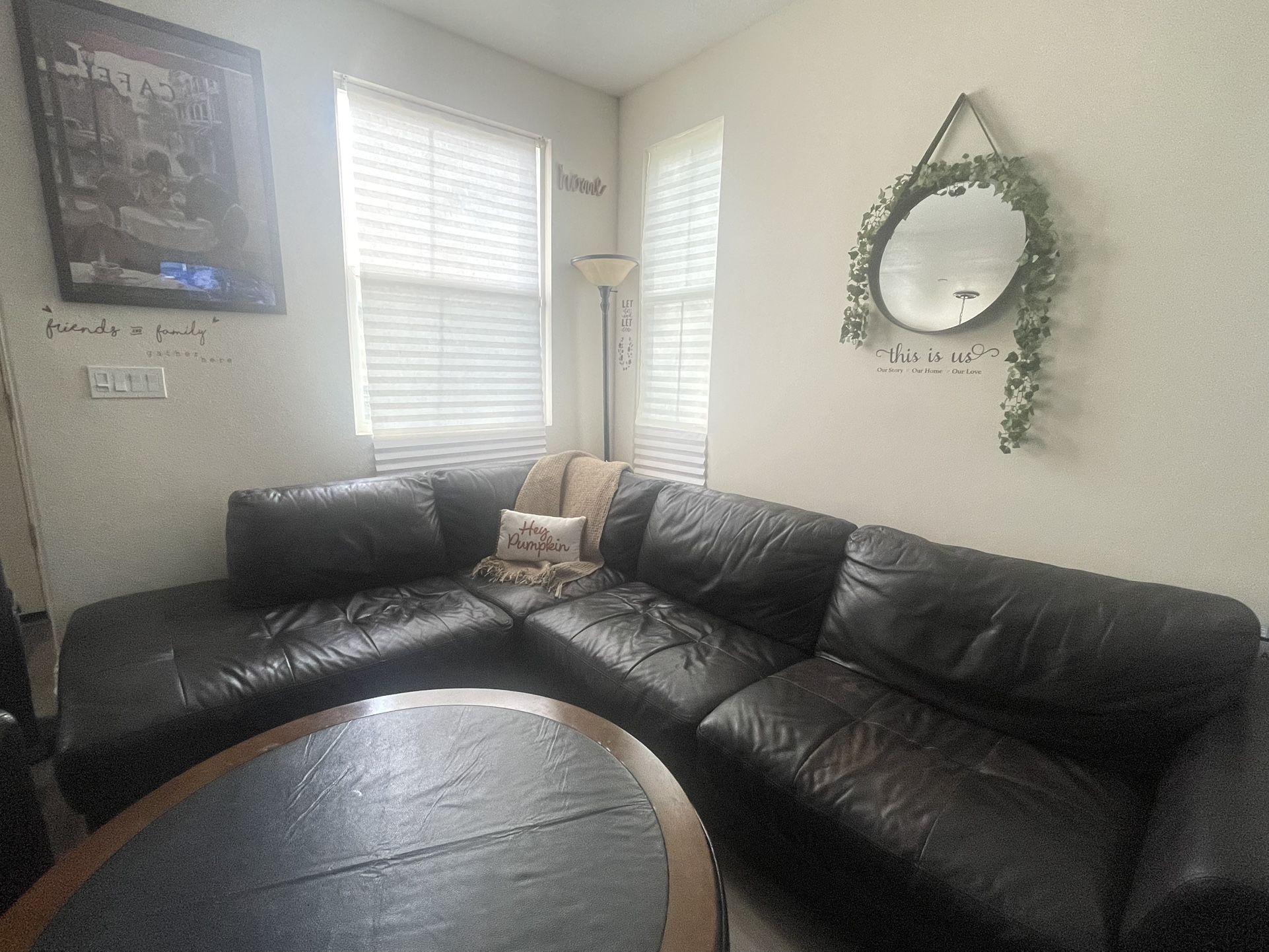 Genuine Leather Sectional, 2 Armchairs and Dark Walnut Coffee Table