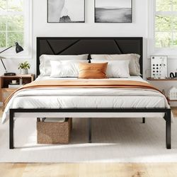 Queen Size Metal Platform Bed Frame with Faux Leather Headboard, Black