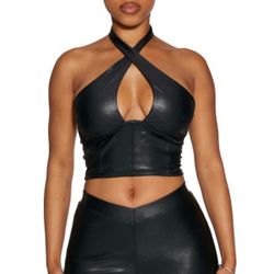 Naked Wardrobe | Drip Crossover Halter Crop Top | Black | Size M  