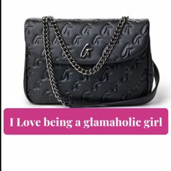 Glam-Aholic Lifestyle monogram flap bag featuring an embossed logo design and a chain strap. 
