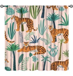 Tiger Blackout Curtains Tropical Plant Palm Trees Leaves Jungle Animal Tiger Colorful Cartoon Art Print Rod Pocket Blackout Bedroom Living Room Bathro
