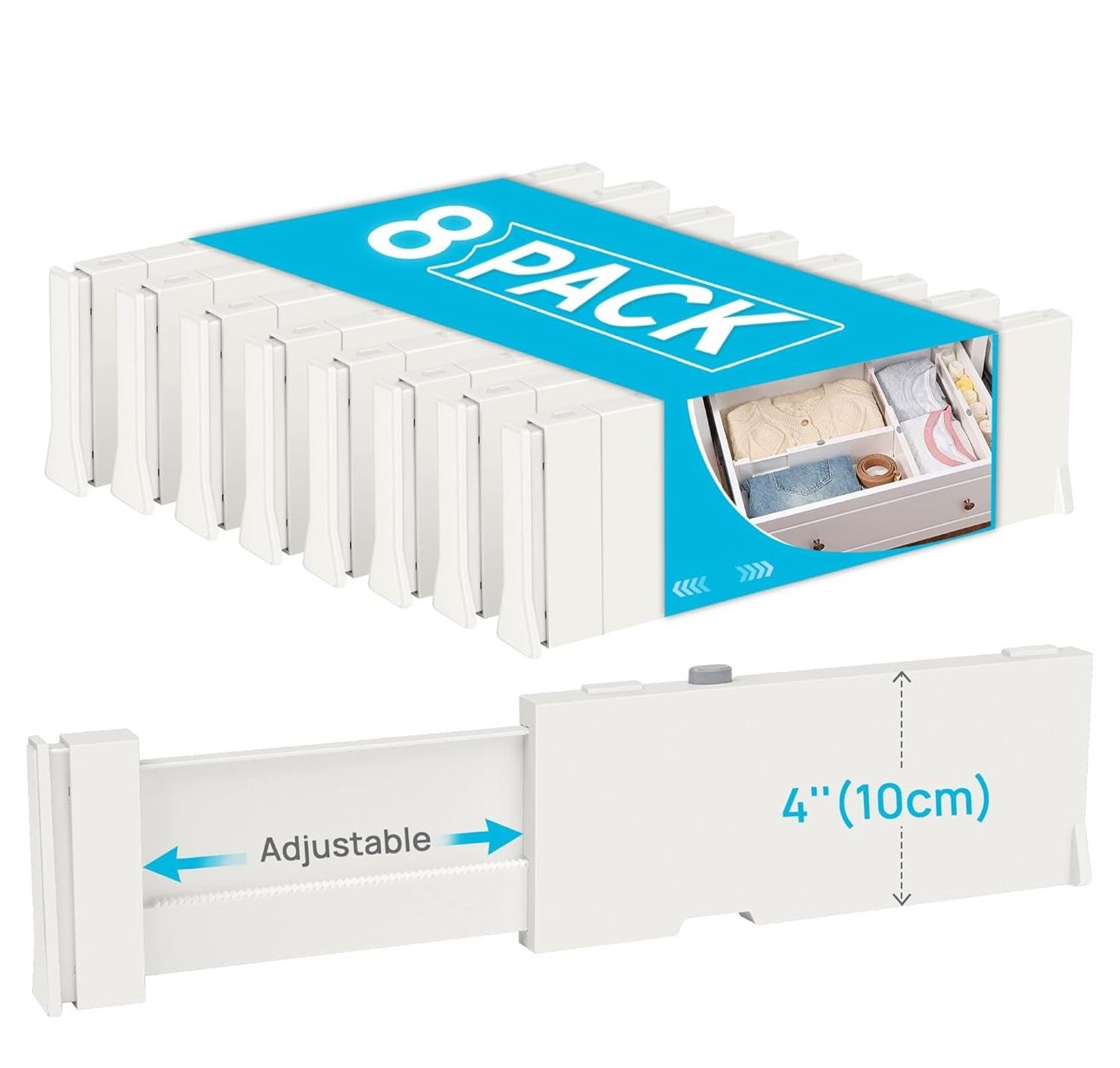 Vtopmart Drawer Dividers for Clothes 8 Pack, Adjustable 4" High Expandable from 11.6"-17" Dresser Drawer Organizer, Plastic Drawers Separators for Dre