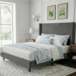 1971a  Dyonery - Queen Bed Frame, Upholstered Platform Bed, Adjustable Vertical Channel Tufted Headboard, Corduroy Fabric. - Gray