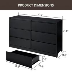🥨6 Drawer Double Dresser, 47.2"W Adult Wood Storage Side Cabinet Chest of Drawer for Bedroom Living Room Hallway, Black, Please check photo 7 