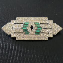 Vintage Pot Metal Art Deco Emerald Green Clear Rhinestone Geometric Bar Brooch 