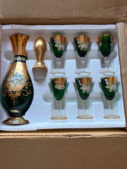 Victorian Glass Seyei Decanter Set Green With Gold Trim And Floral Designs