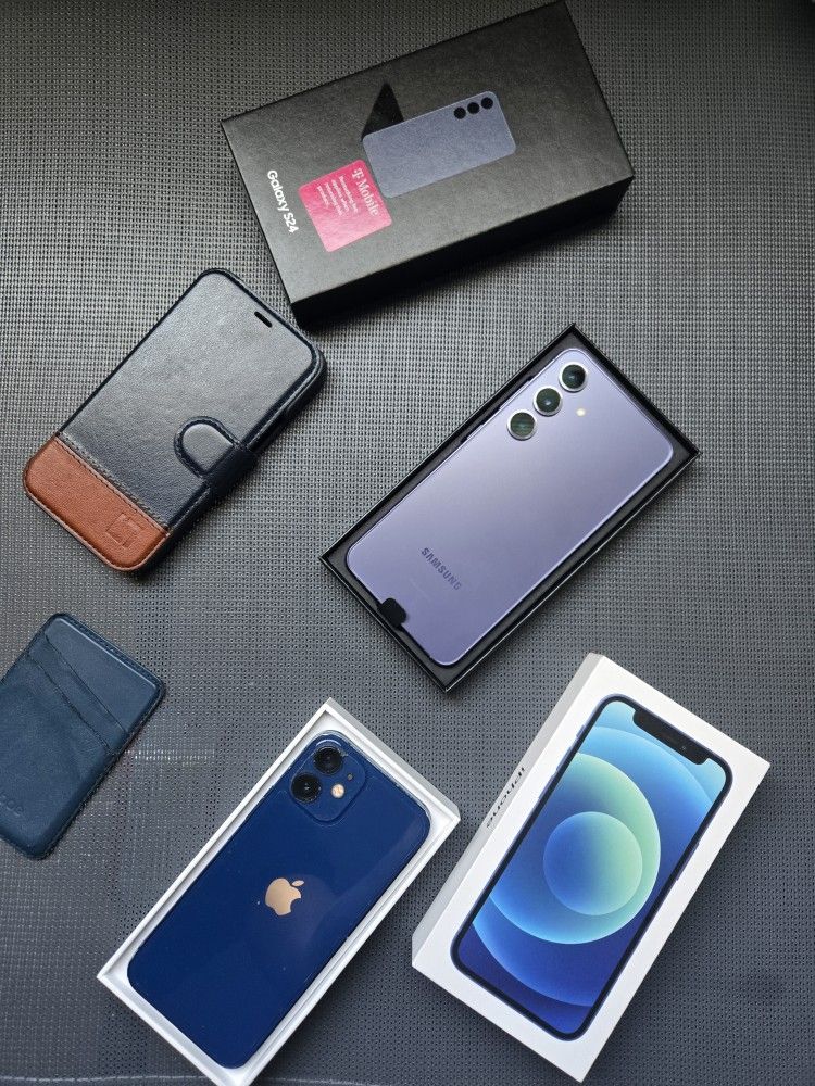 Blue IPhone 12 Mini And Purple Samsung S-24